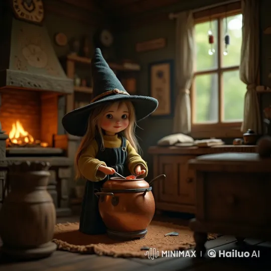 Young Witch Stirs Potion in Cozy Cottage Setting – AI Generated Video | Hailuo AI