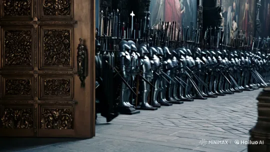Mysterious Figure Enters Ancient Hall in Grand Castle – AI Generated Video | Hailuo AI