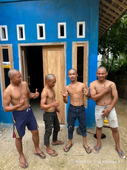 Four Shirtless Men Demonstrate Martial Arts in Front of Blue Building – AI Generated Video | Hailuo AI