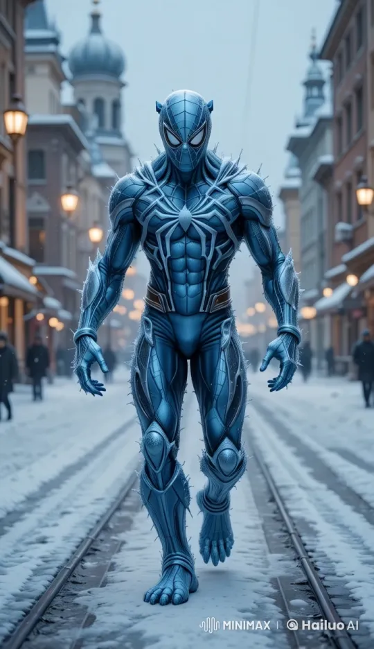 Futuristic Spider-Man Walks Through Snowy Winter Town – AI Generated Video | Hailuo AI