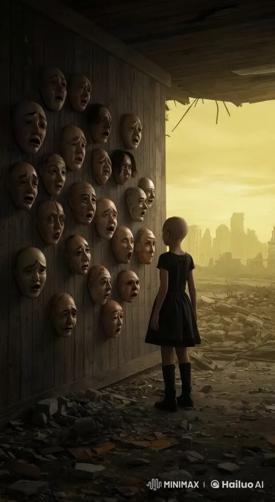 Child Explores Expressive Masks in Post-Apocalyptic Ruins – AI Generated Video | Hailuo AI