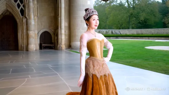 Japanese Woman in Medieval-Inspired Ballgown Dances Gracefully in European Castle – AI Generated Video | Hailuo AI