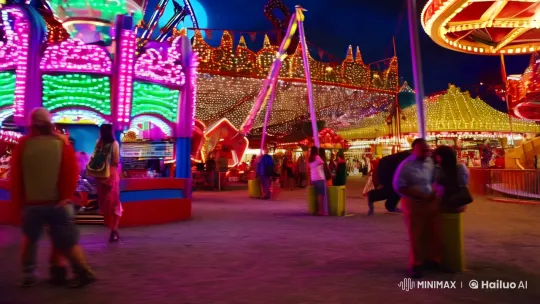 Monkey Wanders Through Illuminated Carnival – AI Generated Video | Hailuo AI
