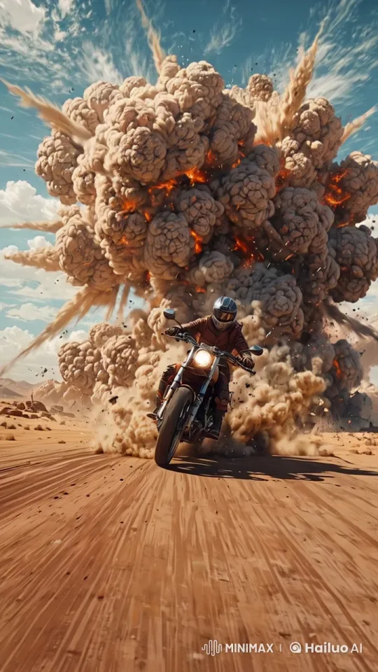 High-Speed Bike Chase in Explosive Desert War Zone – AI Generated Video | Hailuo AI