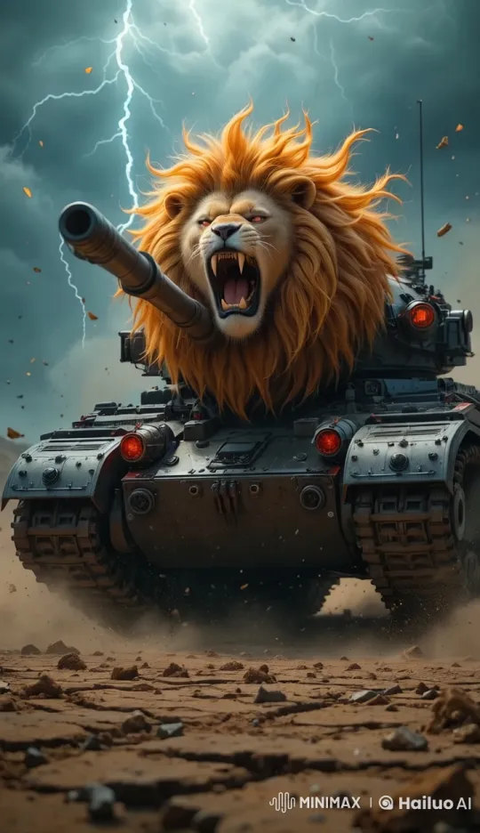 Futuristic Lion-Headed Tank in Thunderous Charge – AI Generated Video | Hailuo AI