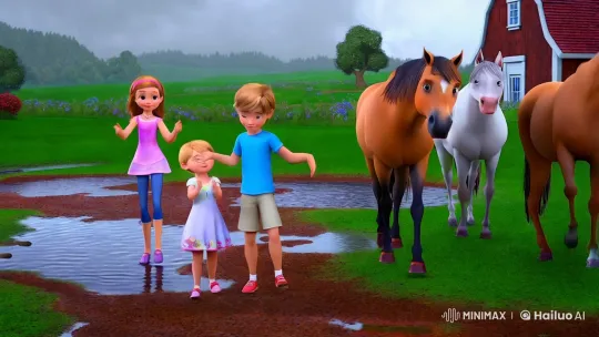 Siblings and Horses Dance in Rainy Farmyard – AI Generated Video | Hailuo AI