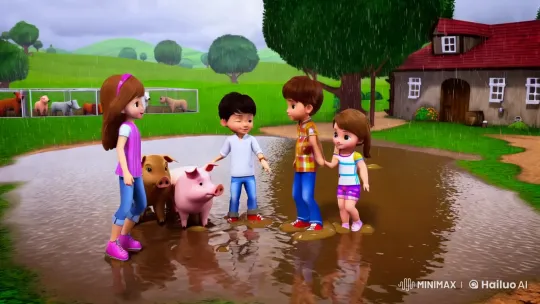 Vibrant Farmyard Dance: Siblings and Pigs in Mud – AI Generated Video | Hailuo AI