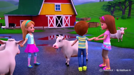 Farmyard Frolic: Siblings and Cows Dance in the Rain – AI Generated Video | Hailuo AI
