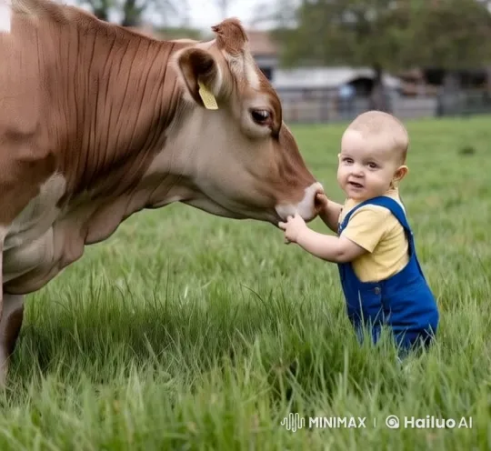 Baby Babu and the Friendly Cow in Serene Meadow – AI Generated Video | Hailuo AI