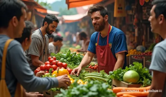 Lionel Messi at a Live2D Outdoor Market Vegetable Stall – AI Generated Video | Hailuo AI