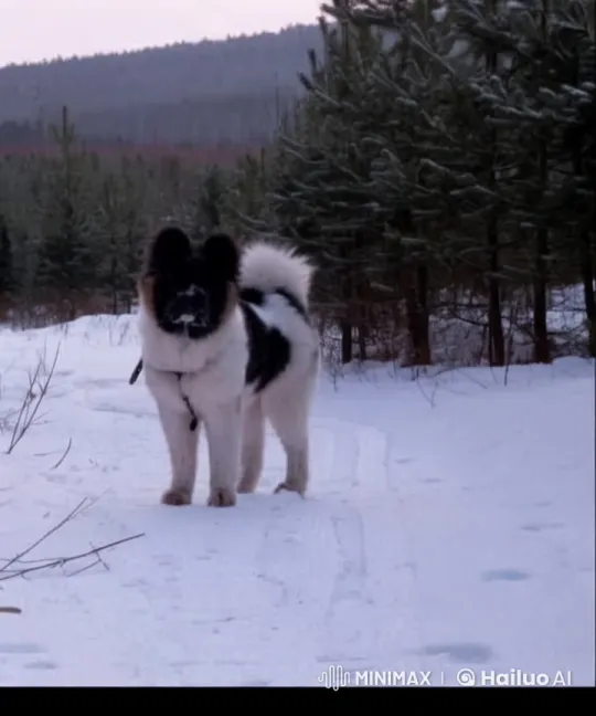 Fluffy Dog in Snowy Forest at Sunset – AI Generated Video | Hailuo AI