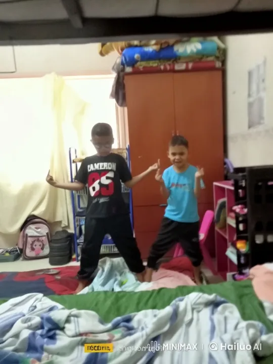 Boys Celebrate on Bed in Cozy Bedroom Setting – AI Generated Video | Hailuo AI