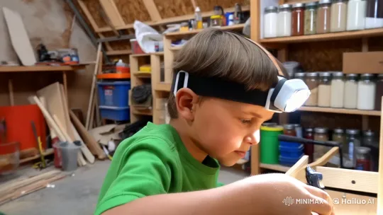 Young Child's Focused Craftsmanship in a Cozy Garage – AI Generated Video | Hailuo AI