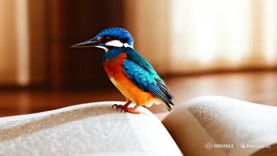 Kingfisher Gracefully Lands on Open Book – AI Generated Video | Hailuo AI