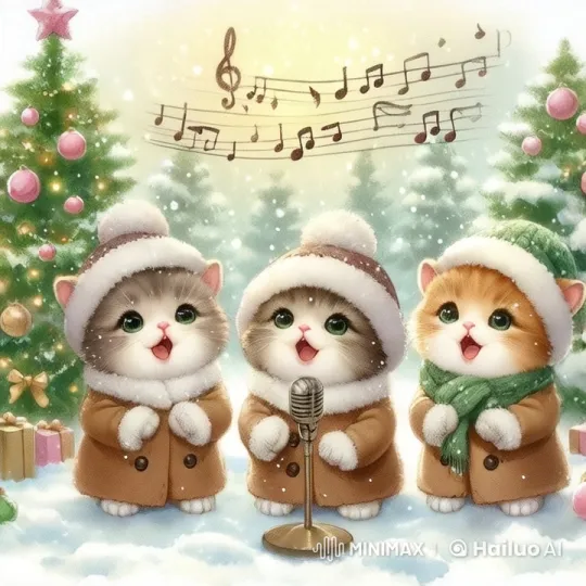 Adorable Cats Sing Christmas Hymns in Cozy Winter Scene – AI Generated Video | Hailuo AI