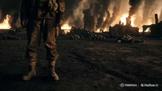 Solitary Soldier: Silent Grief Amidst War's Chaos – AI Generated Video | Hailuo AI