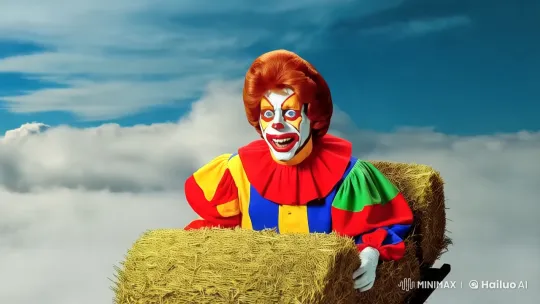 Clown Riding Haycart in Sky: Whimsical Flight – AI Generated Video | Hailuo AI