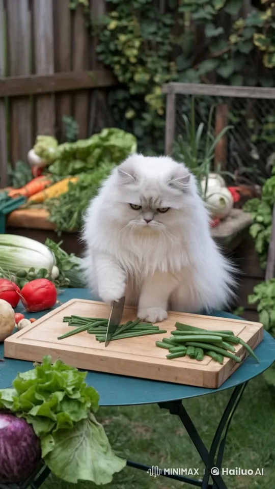 Fluffy Cat Skillfully Cuts Vegetables in Garden – AI Generated Video | Hailuo AI