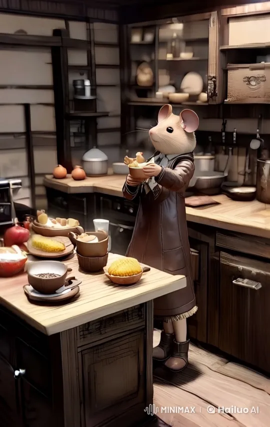Mouse Delights in Freshly Cooked Meal in Cozy Kitchen – AI Generated Video | Hailuo AI