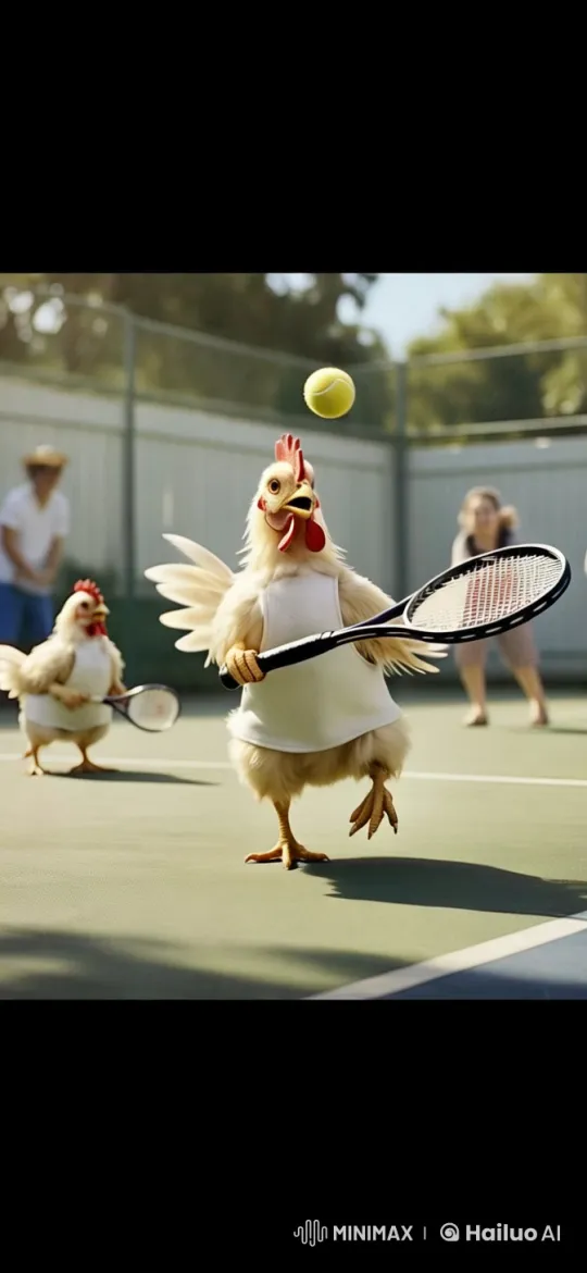 Chickens Play Tennis on Bright Day – AI Generated Video | Hailuo AI