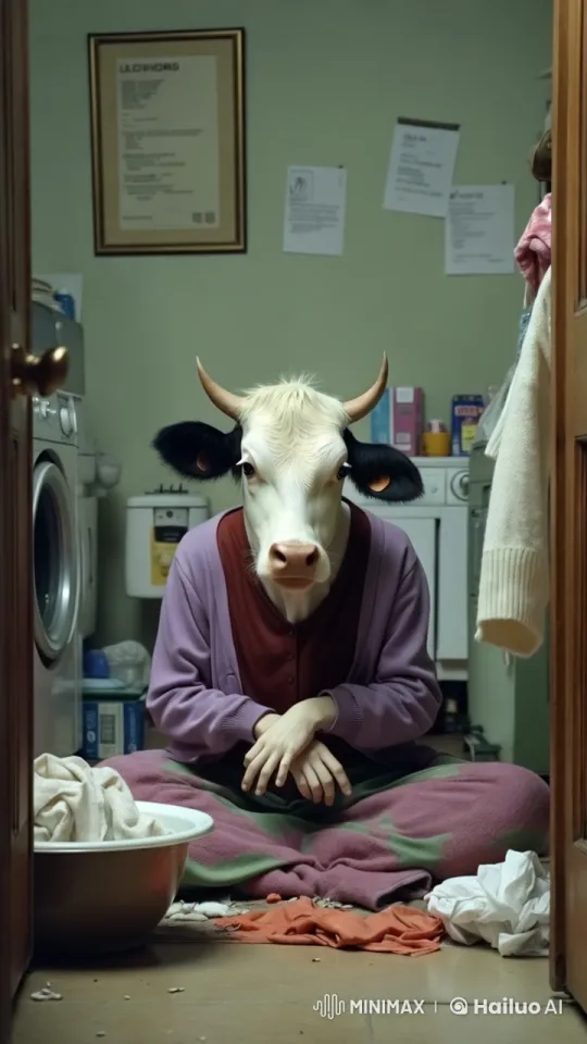 Person in Cow Mask Discusses Life Amidst Laundry – AI Generated Video | Hailuo AI