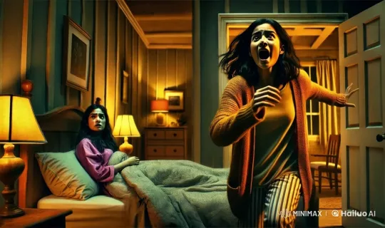 Distressed Woman Checks Empty Bedroom After Flickering Light – AI Generated Video | Hailuo AI