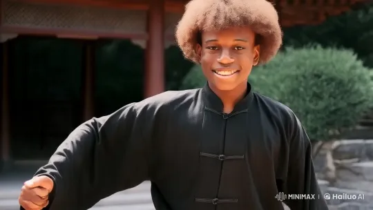Young Afroed Man Showcases Kung Fu Skills in Chinese Courtyard Duel – AI Generated Video | Hailuo AI