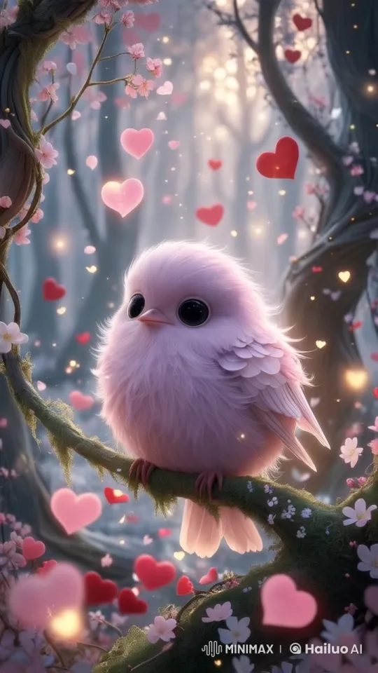 Cute Bird in Enchanted Forest with Hearts and Blossoms – AI Generated Video | Hailuo AI
