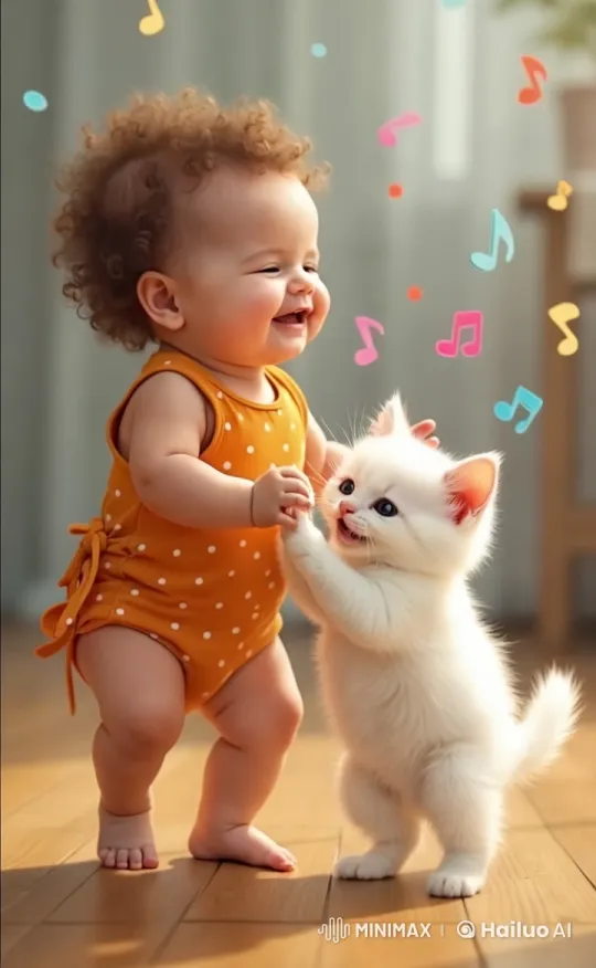 Baby and Kitten Delightfully Dance Together – AI Generated Video | Hailuo AI