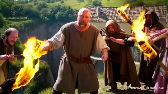 Bald Man Fends Off Angry Villagers at Abyss Edge – AI Generated Video | Hailuo AI