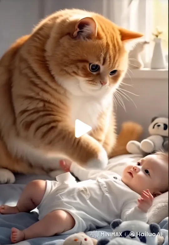 Fluffy Cat Gently Interacts with Baby in Cozy Room – AI Generated Video | Hailuo AI