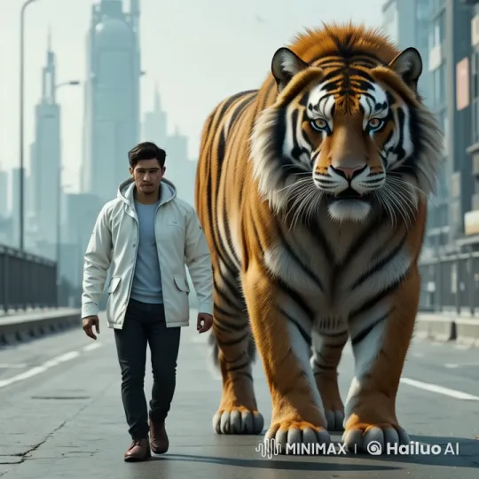 Person and Tiger Walk in Harmony Through Urban Landscape – AI Generated Video | Hailuo AI