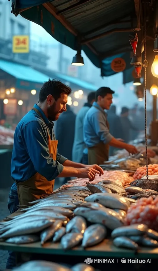 Vibrant Outdoor Market: Fishmongers at Work – AI Generated Video | Hailuo AI