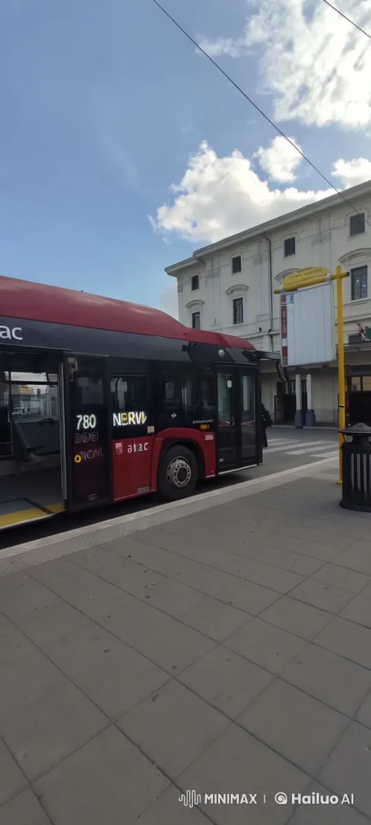 Cheerful Girl Embarks from Red Bus at Bustling Station – AI Generated Video | Hailuo AI