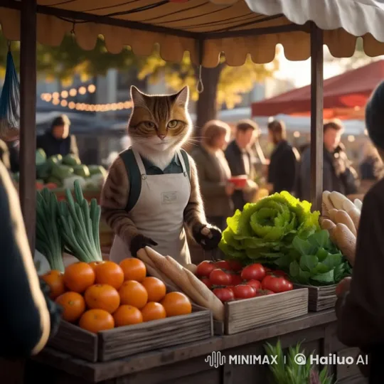 Anthropomorphic Cat Vendor in a Bustling Market Scene – AI Generated Video | Hailuo AI