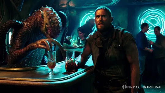 Mercenary Faces Menacing Figures in Alien Bar – AI Generated Video | Hailuo AI