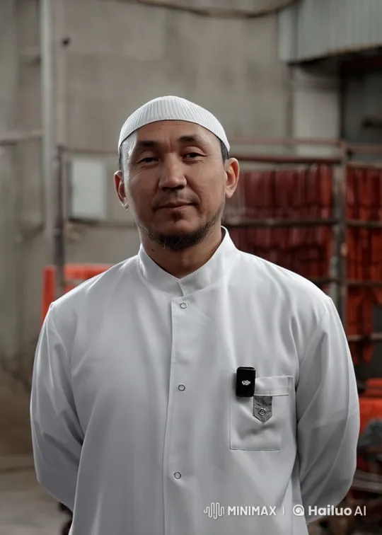 White-Capped Man Showcases Halal Sausages in Neat Display – AI Generated Video | Hailuo AI