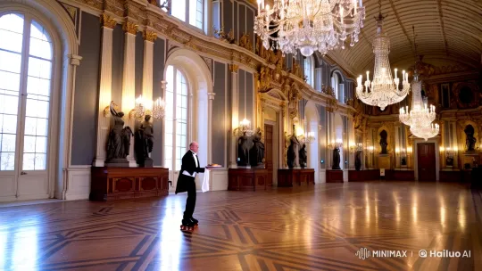 Butler Skates Gracefully Through Opulent Palace Hall – AI Generated Video | Hailuo AI