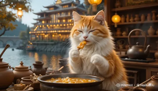Fluffy Cat Savors Stew in Rustic Kitchen Setting – AI Generated Video | Hailuo AI