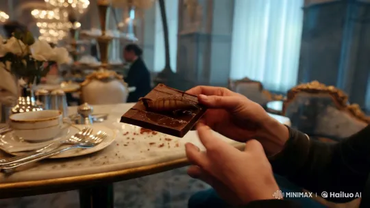Metamorphic Chocolate: Eerie Bite in Opulent Café – AI Generated Video | Hailuo AI