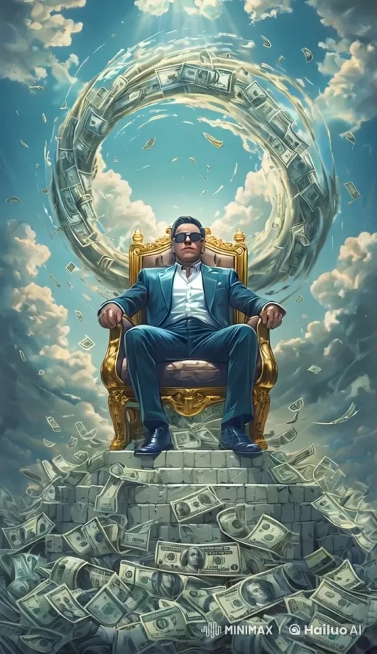 Person in Blue Suit Steps Down from Golden Throne Amidst Floating Money – AI Generated Video | Hailuo AI