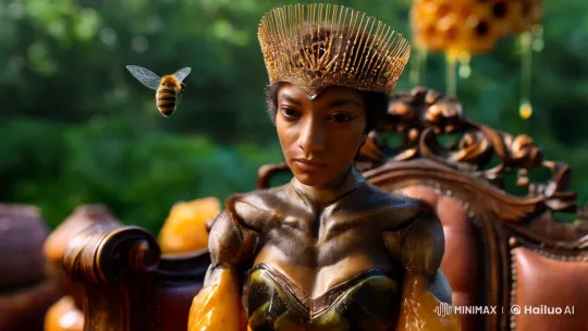 Photorealistic Bee Woman on Verdant Throne – AI Generated Video | Hailuo AI