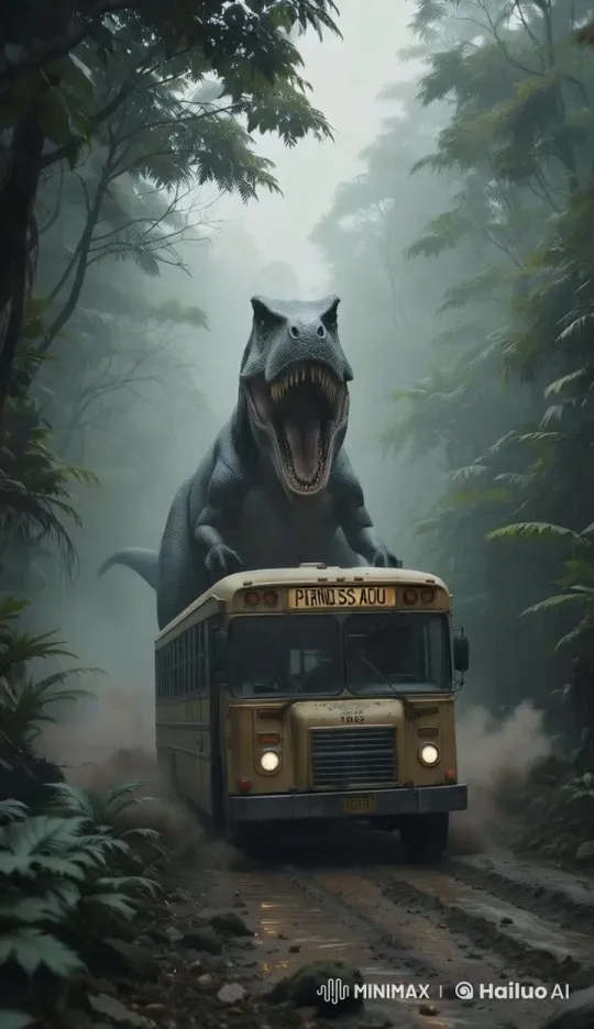 Tyrannosaurus Rex Attacks Bus in Foggy Jungle – AI Generated Video | Hailuo AI