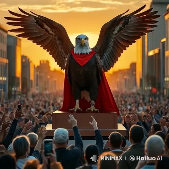 Eagle in Red Cape Enthralls Crowded City Street at Sunset – AI Generated Video | Hailuo AI