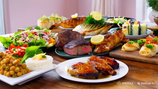 Gourmet Feast Displayed on Rustic Table with Artistic Flair – AI Generated Video | Hailuo AI