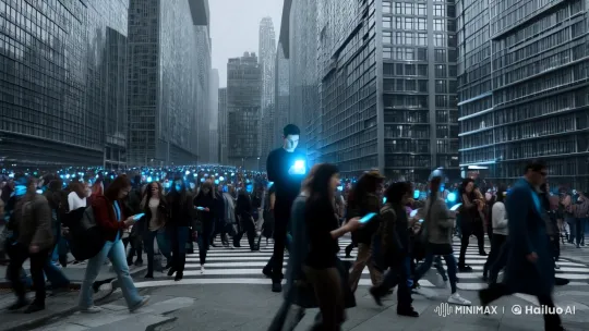 City Life: Isolation Amidst Urban Bustle and Tech Glow – AI Generated Video | Hailuo AI
