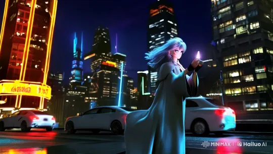 Girl with Blue Hair Commands Neon Metropolis Rooftop – AI Generated Video | Hailuo AI