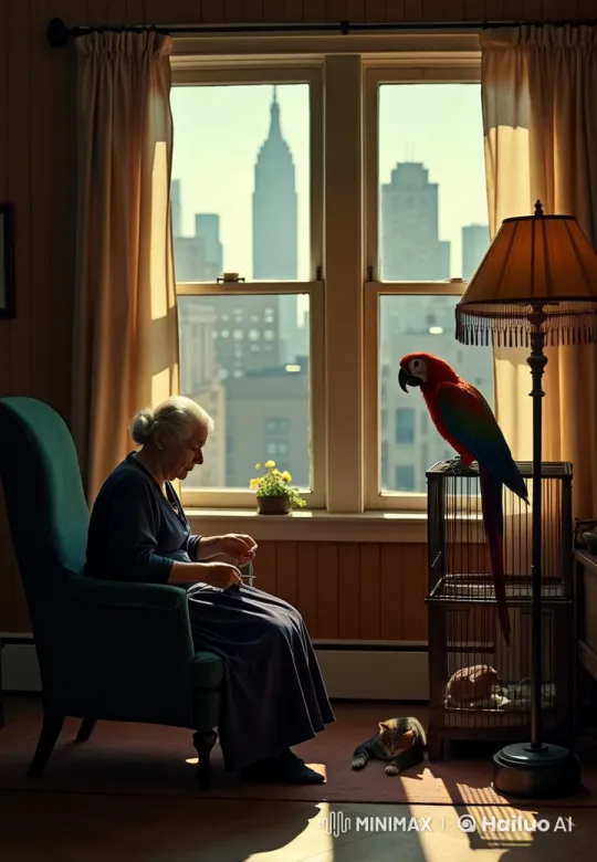 Elderly Woman Knits in Sunlit Room with Pets – AI Generated Video | Hailuo AI