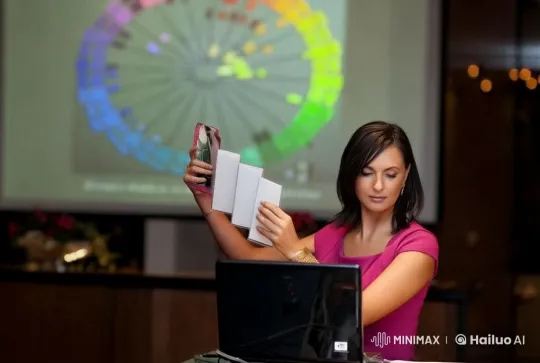 Woman Presents Books with Pie Chart in Animated Scene – AI Generated Video | Hailuo AI