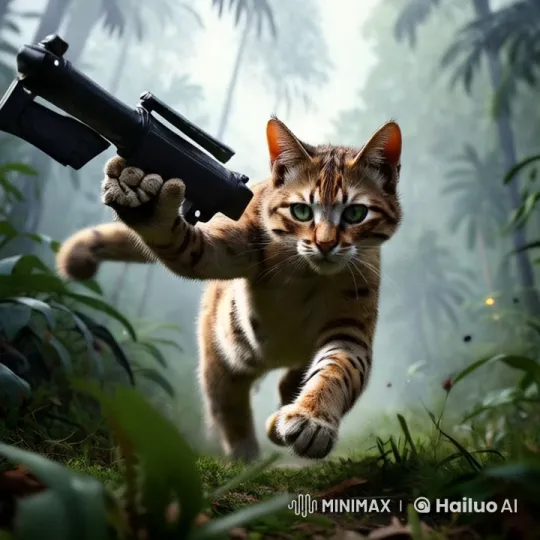 Tabby Cat with Weapon Rushes Through Mysterious Jungle – AI Generated Video | Hailuo AI